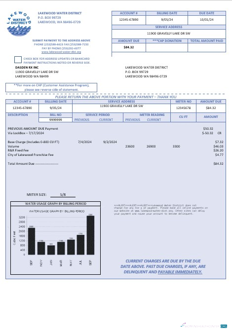 USA Lakewood Water District business utility bill template in Word and PDF formats